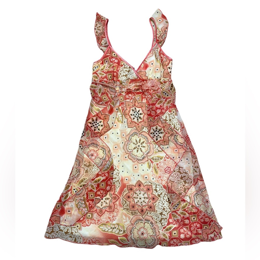 Y2K Wrapper Floral Dress Women’s 5 Orange Attached Belt Bow Waist Casual V Neck